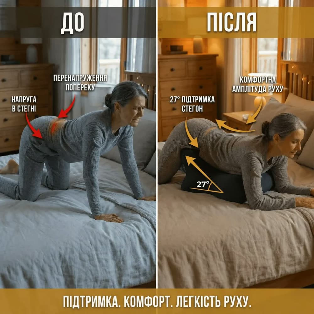 До і після: без опори поперек і стегна перенапружені — з подушкою тіло у комфортному положенні
