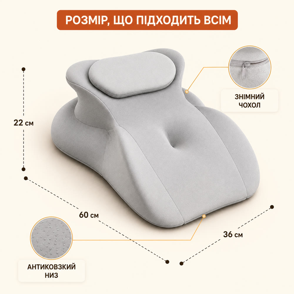 Розміри подушки 60×36×22 см, знімний чохол на блискавці та антиковзкий низ